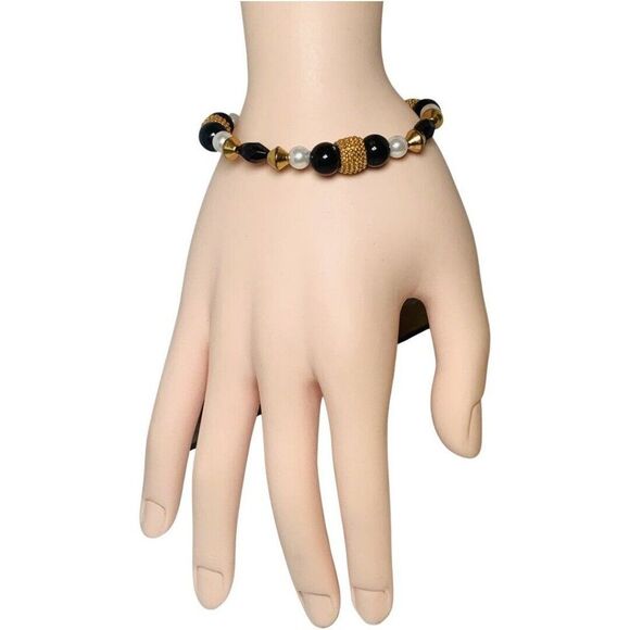 Womens White Pearl Black Beaded Vintage Gold Tone Tennis Bracelet 7.5” - Picture 4 of 6